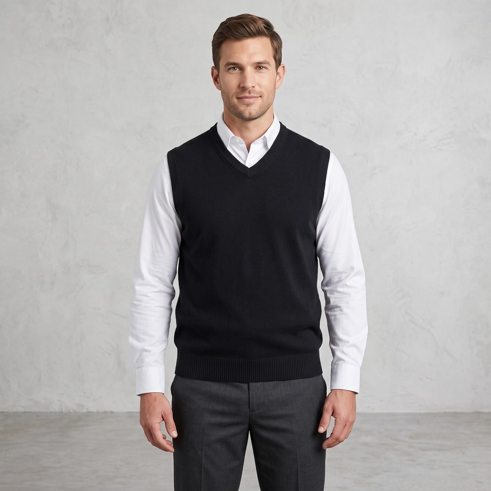 Apt 9 Mens Medium Black Sweater Vest V-Neck Cotton Blend Ribbed Pullover Knit